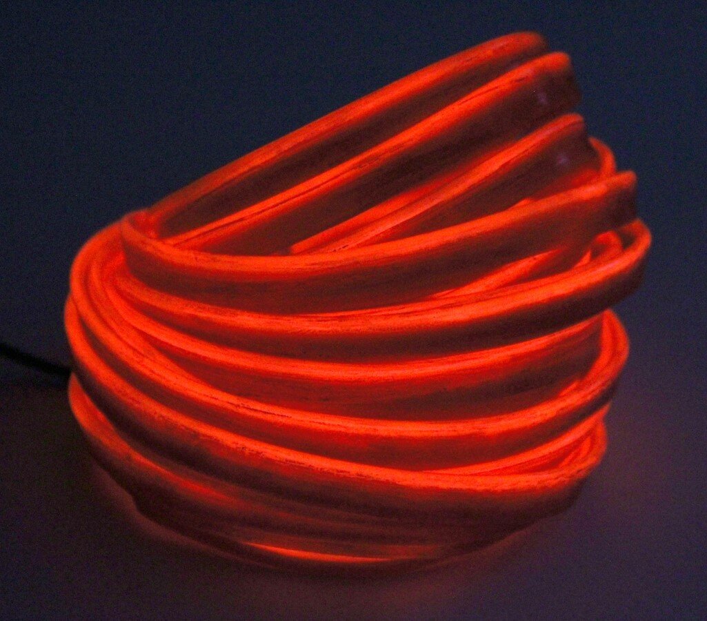 Холодный неон, гибкий EL-Wire-2 2.3mm красный (Red, Kapulin), с юбкой, 5м.(подключение строго через инвертор)