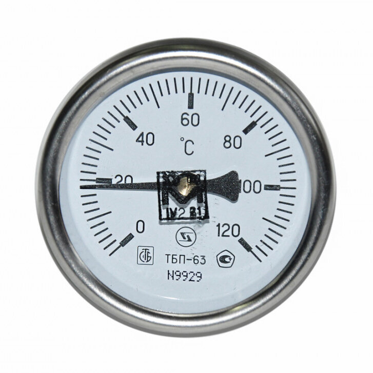 Термометр биметаллический 0-120 *C (d-63мм на трубу d-30-50мм фиксация скобой)