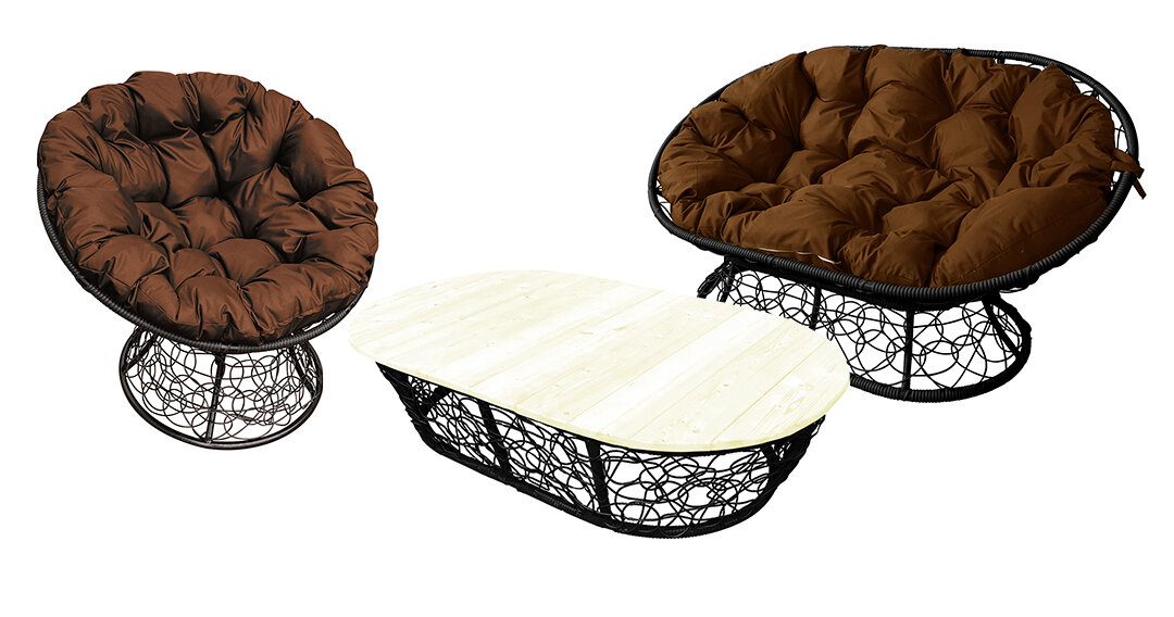 Комплект M-group мамасан папасан и стол с ротангом чёрное коричневая подушка