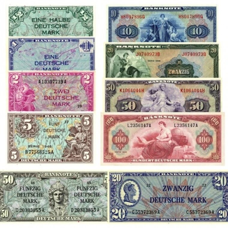 1/2-100 марок 1948 ФРГ набор 10 копий банкнот Германии копия арт. 19-10147