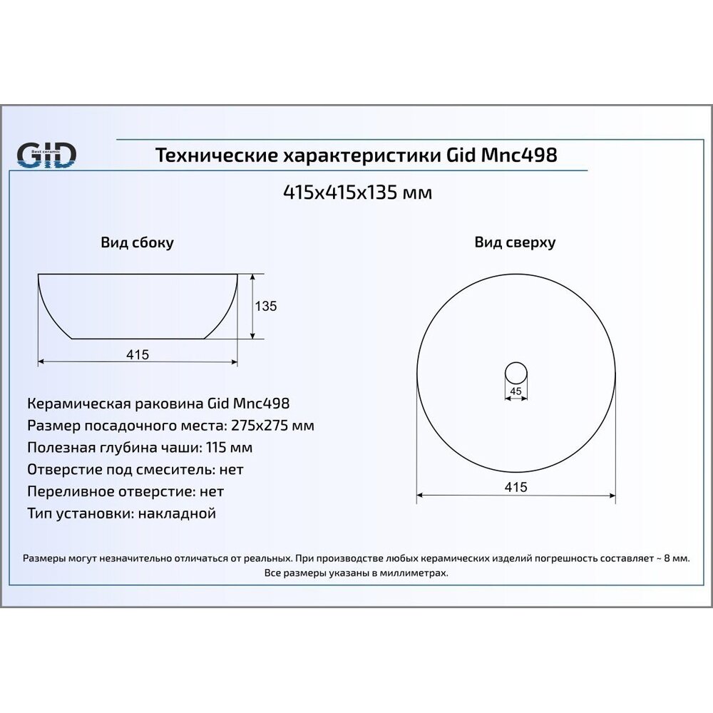 Раковина Gid Mnc498 серая - фото №2