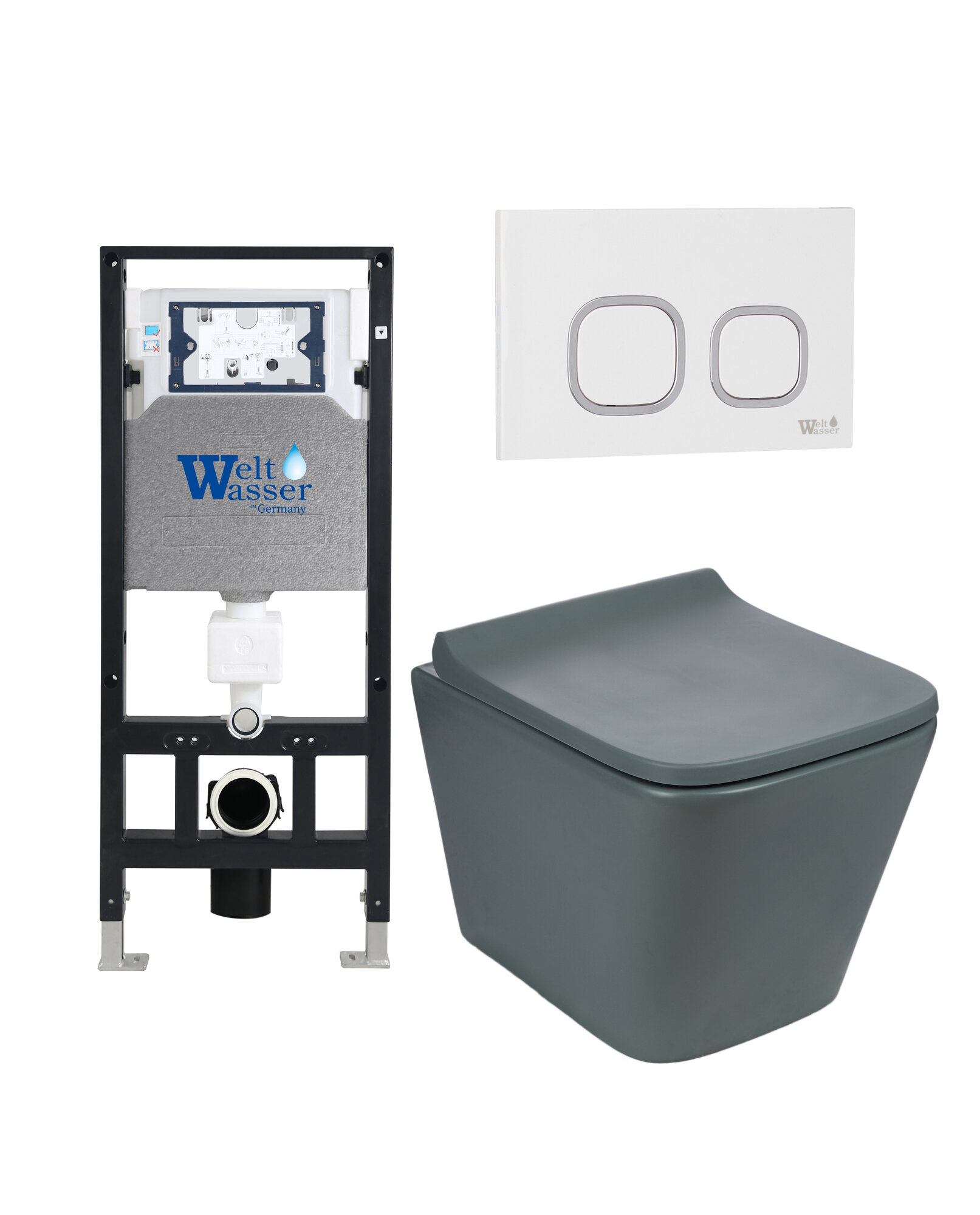 Комплект 3 в 1: Weltwasser Кнопка белая AMBERG RD-WT+Унитаз подвесной GELBACH 041 MT-GR+Инсталляция AMBERG 506