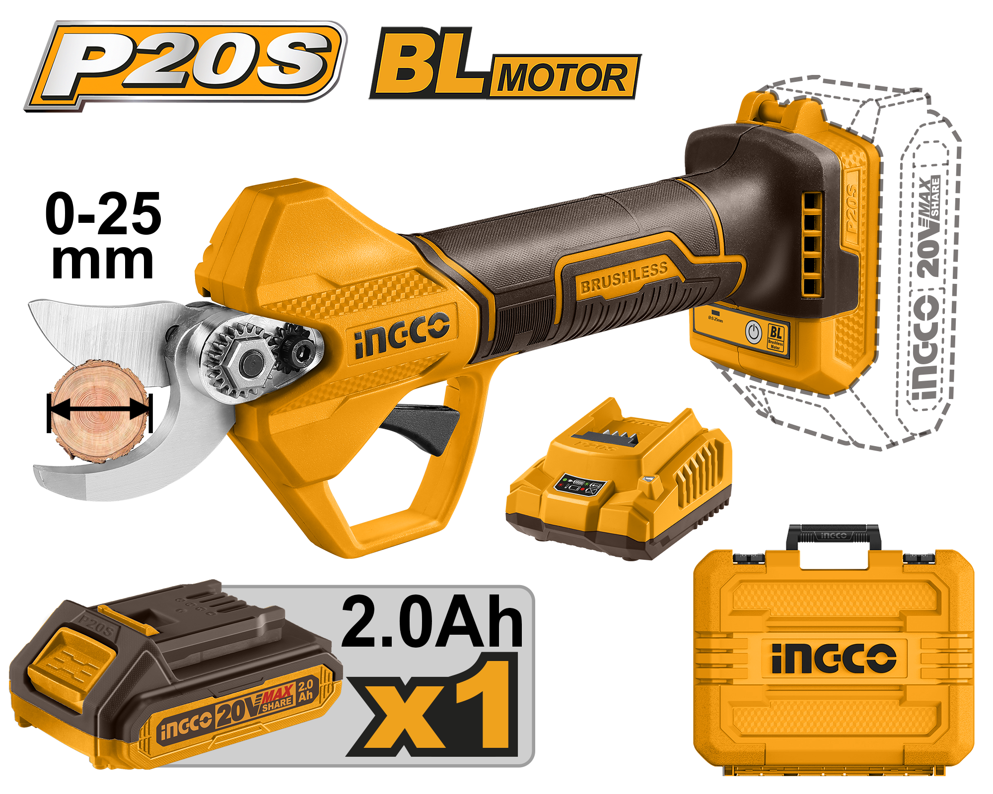 Аккумуляторный секатор INGCO CSSLI202581 INDUSTRIAL 20 В 25 мм 1x2 Ач