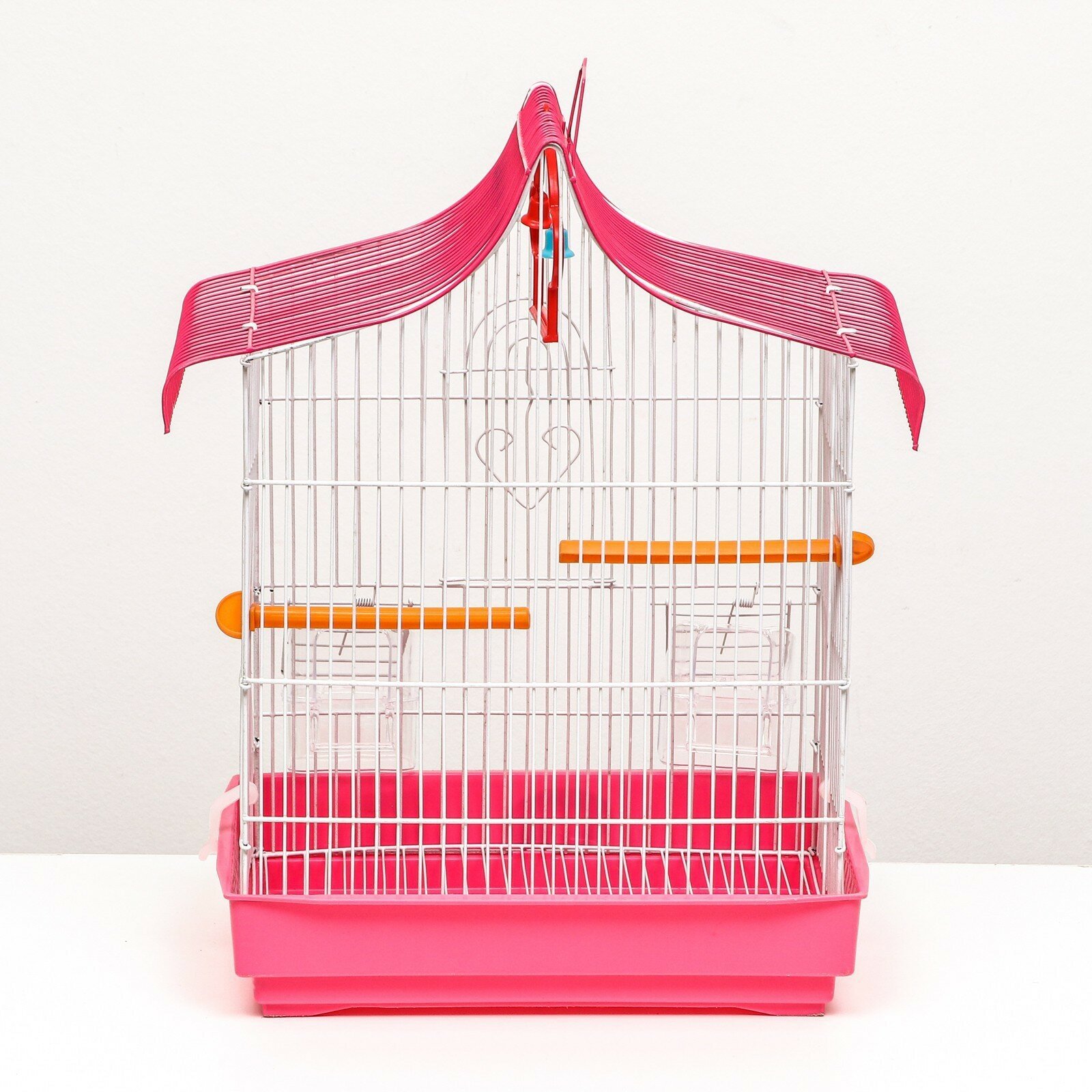 Клетка для птиц фигурная с кормушками, 32 х 22 х 45 см, розовая - фотография № 3