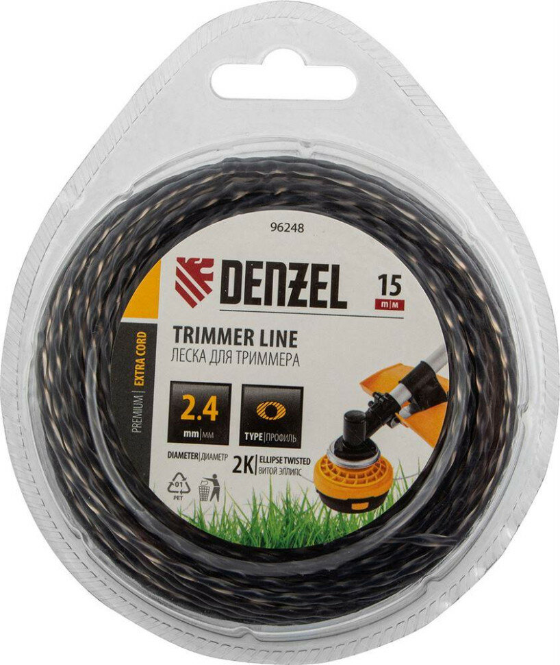 фото DENZEL Леска для триммера двухкомпонентная эллипс 2,4мм х 15м, блистер EXTRA CORD 96248 (Леска для триммера)