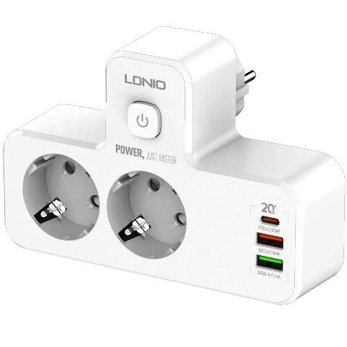 фото Сетевой фильтр LDNIO SC2337 без провода - 2 универсальные розетки + USB зарядка 3 порта PD + QC3.0 - белый