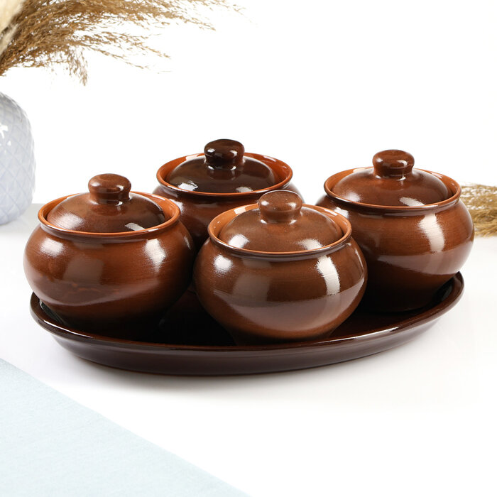 фото Псковский гончар Набор горшков "Подарочный" 4х0,5л / 34,5х24,5см, былина