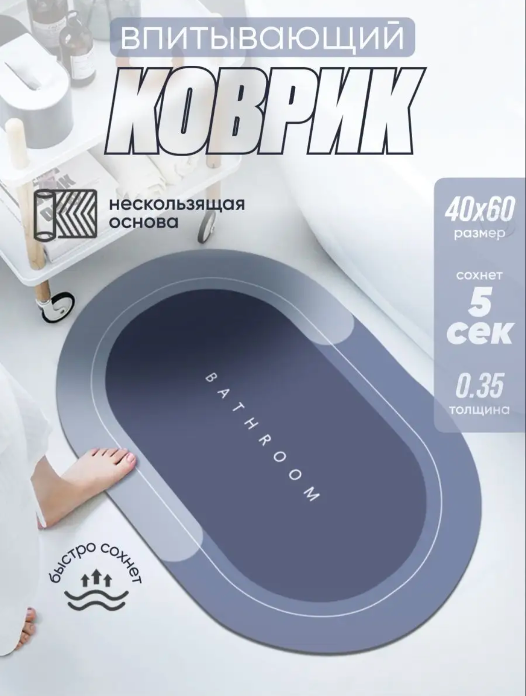 Коврик для ванной и туалета Ridberg PP 40*60 см серый / влаговпитывающий быстросохнущий противоскользящий прикроватный коврик