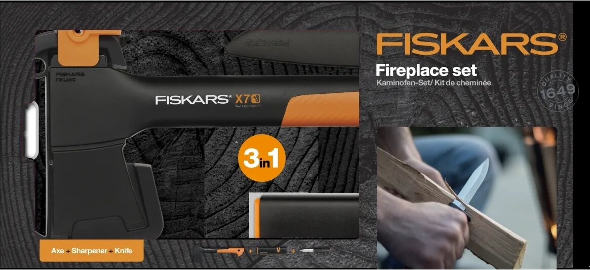 Набор Fiskars: универсальный топор Х7 нож К40 точилка для топоров и ножей 1059024