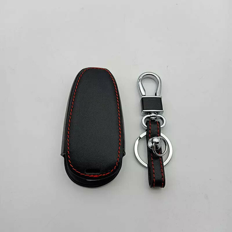 Чехол для автомобильных ключей Хендай Соната, Туссан 4 с 2021 года (4 кнопки) (черная кожа красная нить)