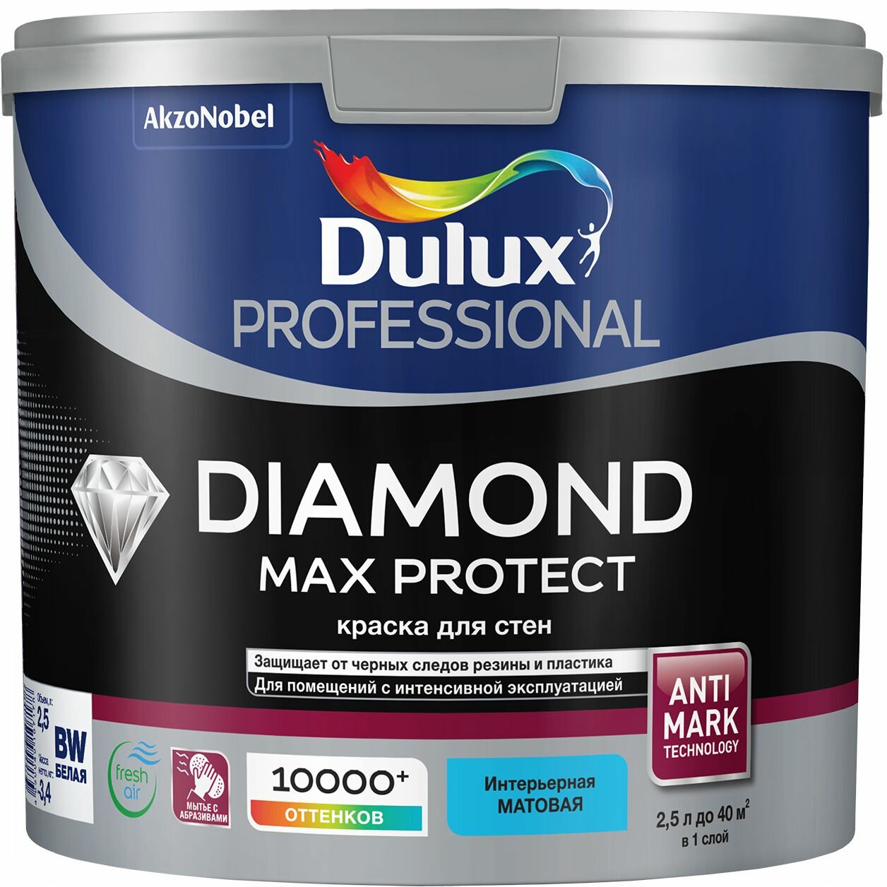 DULUX PROFESSIONAL DIAMOND MAX PROTECT краска для стен и потолков износостойкая матовая база BW 2.5 л