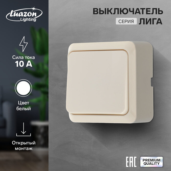 фото Выключатель Luazon Lighting "Лига", 10 А, 1 клавиша, накладной, белый