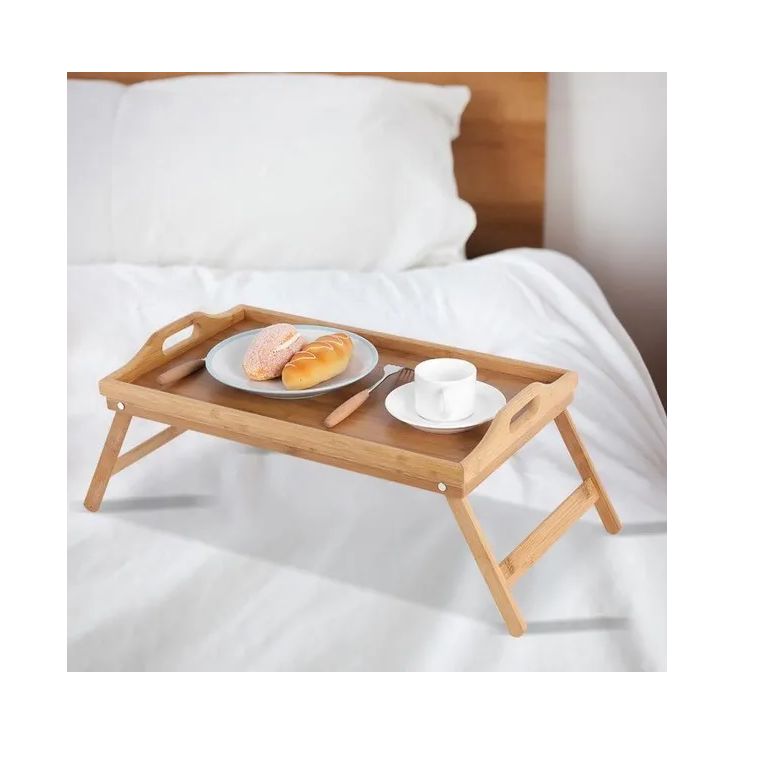 Столик для завтрака в постель деревянный / Поднос со складными ножкам для еды / Раскладной бамбуковый сервировочный поднос - столик, LettBrin