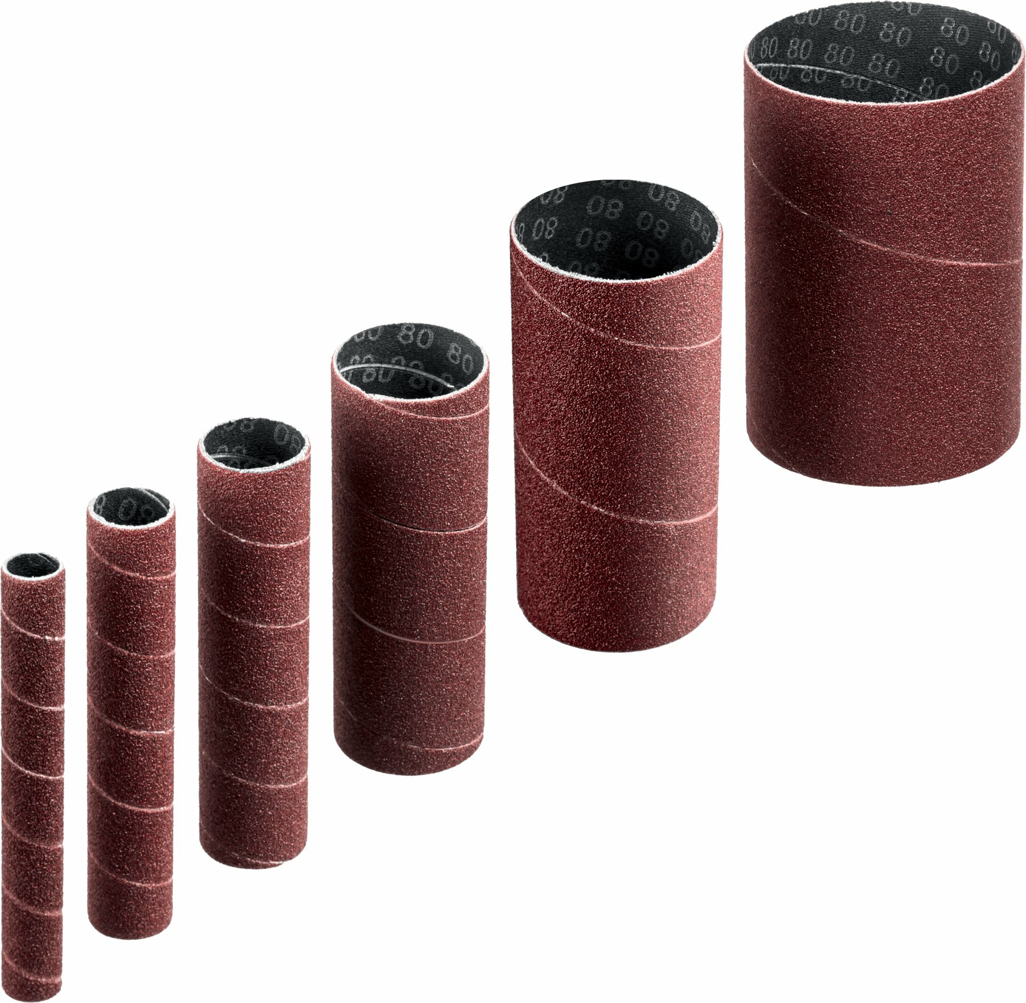 фото ЗУБР набор 6 шт: 13, 19, 26, 38, 51, 76 мм, высота 115 мм, Р80, втулки шлифовальные для станка СШО-500 мастер (35649-H6-80)
