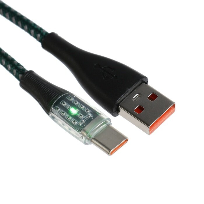 фото Кабель, 3 А, Type-C - USB, прозрачный, оплётка нейлон, 1 м, зелёный