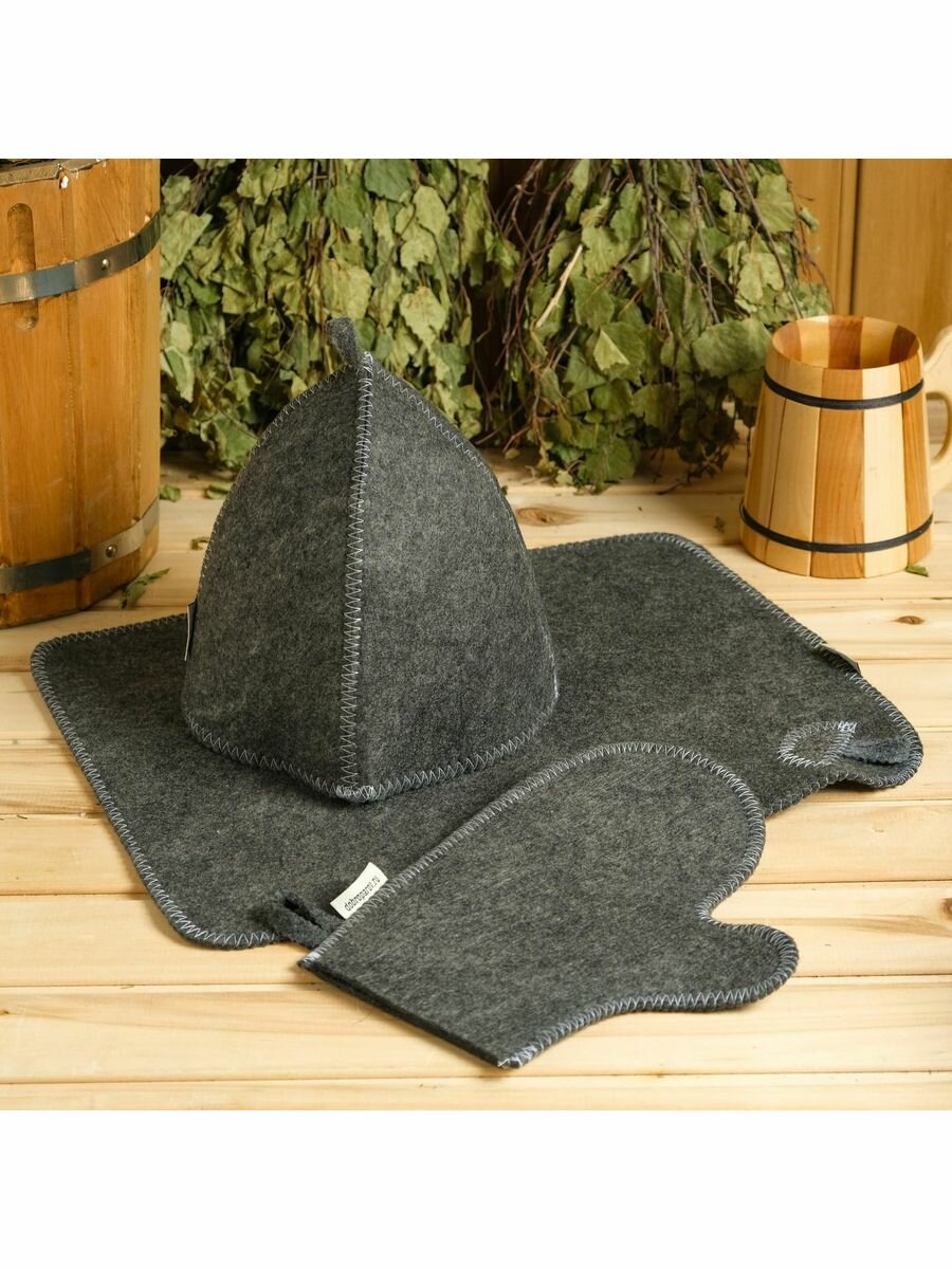 фото Набор для бани подарочный 3 предмета без вышивки шапка, варежка, коврик