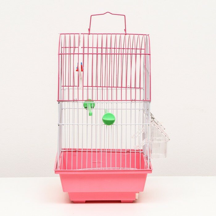 Клетка для птиц овальная с кормушками, 30 х 23 х 39 см, розовая - фотография № 2