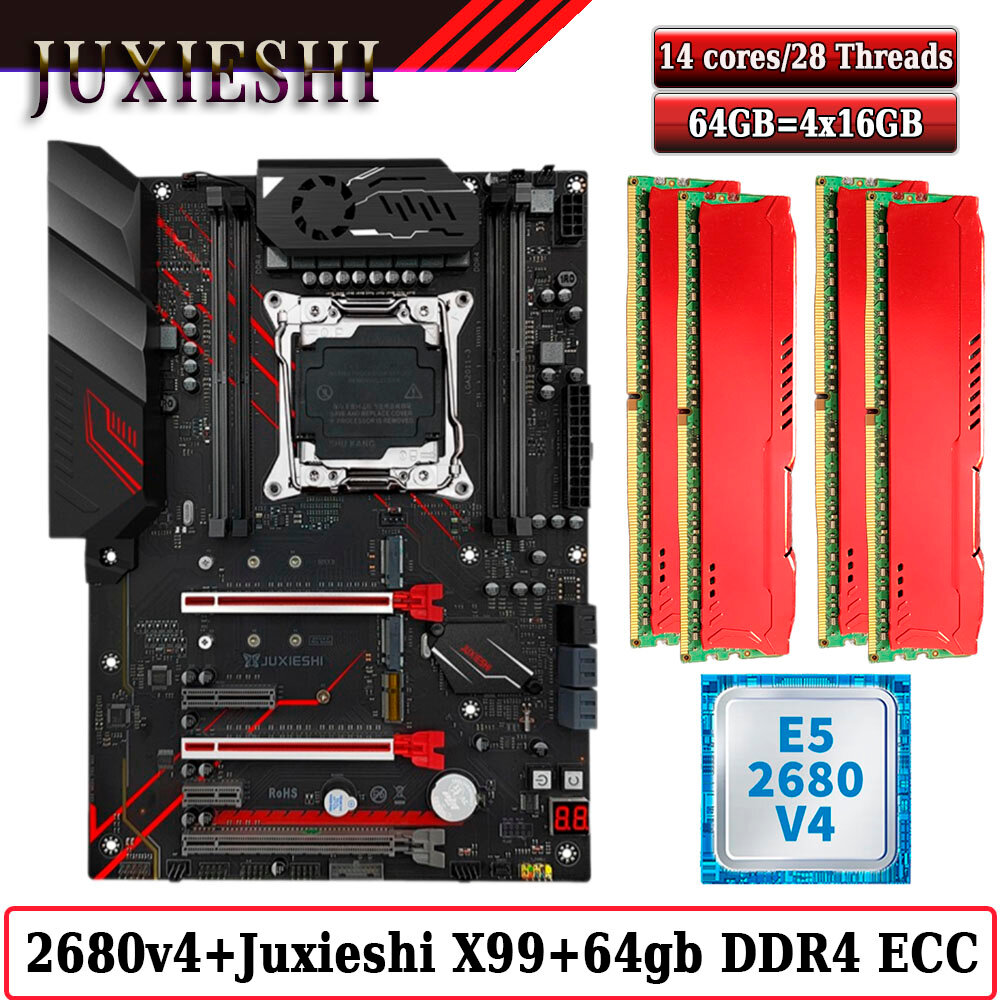 Комплект материнская плата Juxieshi X99-MR9A PRO + Xeon 2680V4 + 64GB DDR4 ECC 4x16GB Red