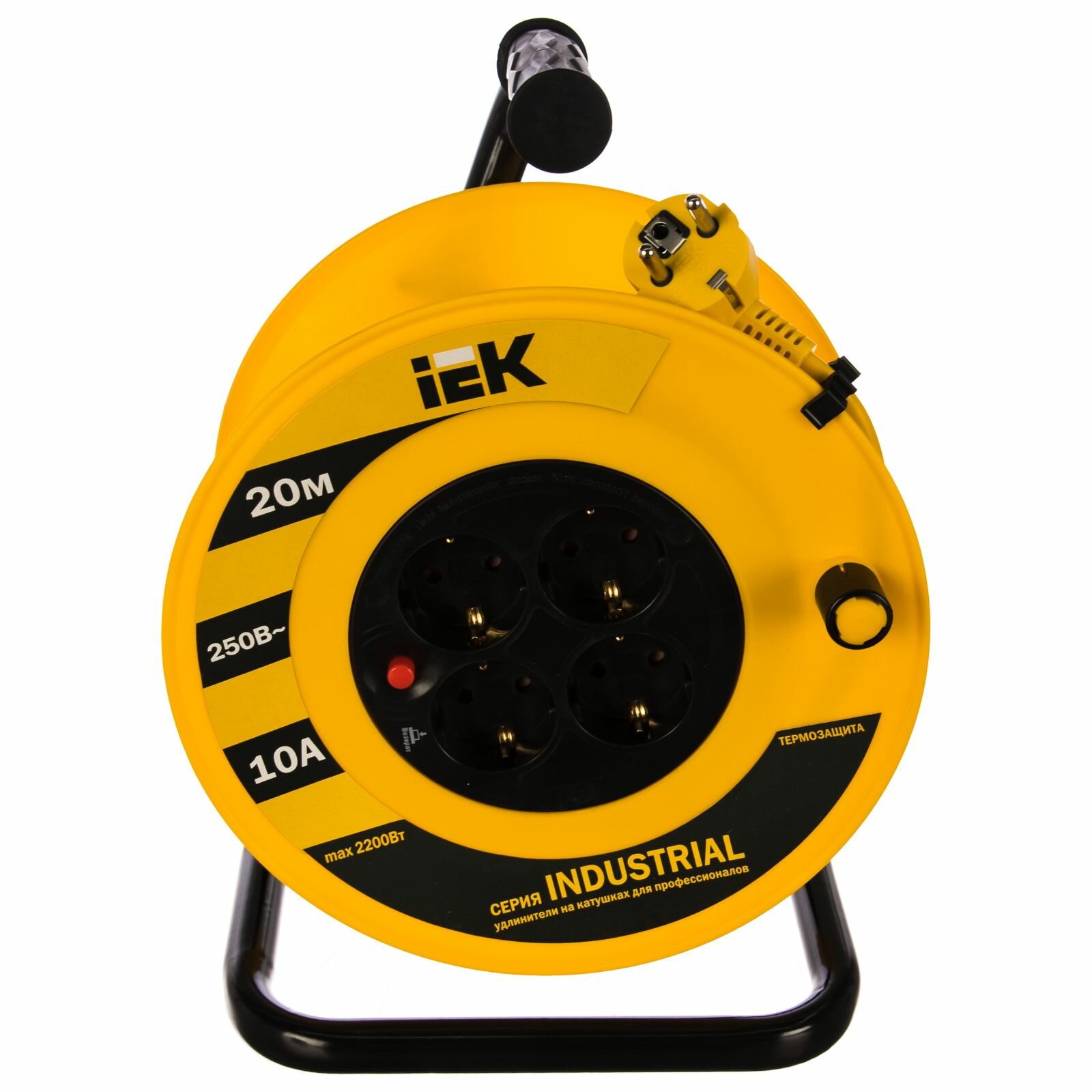 фото Удлинитель на катушке IEK WKP14-10-04-20, 4 розетки, с/з, 10А / 2200 Вт Желтый 20 м 240 мм 175 мм 320 мм 1 м² 4