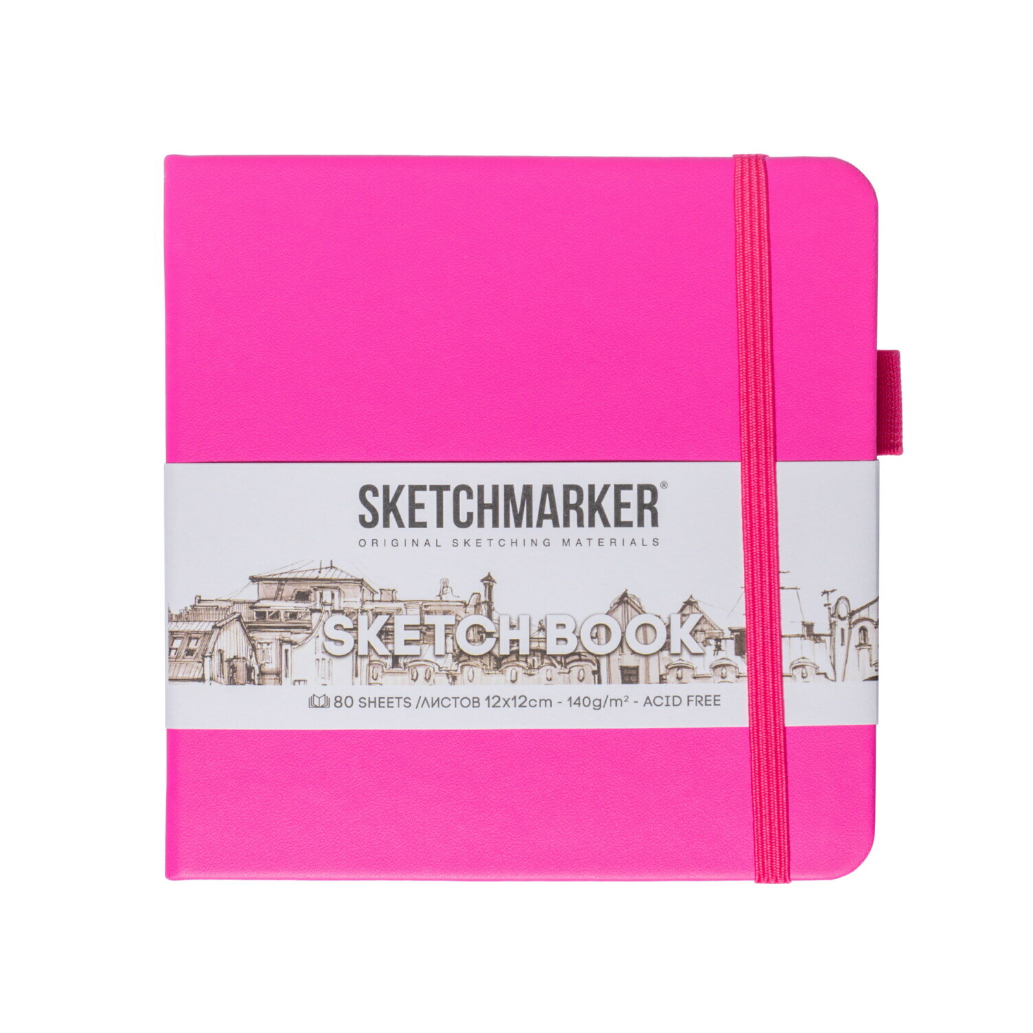 Скетчбук для рисования квадратный, блокнот для скетчинга SKETCHMARKER Sketchmarker 140г/кв. м 12*12см 80л твердая обложка, цвет Неоновая фуксия