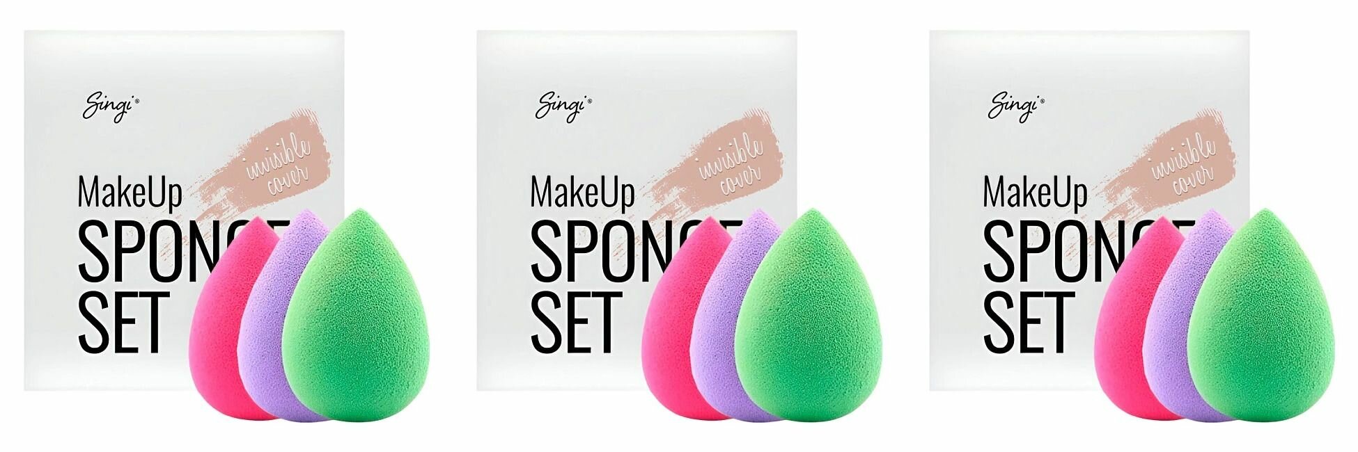 Singi Набор спонжей для макияжа глаз Light Green, Hot Pink, Purple, 3х3 см, 3 шт/уп, 3 уп