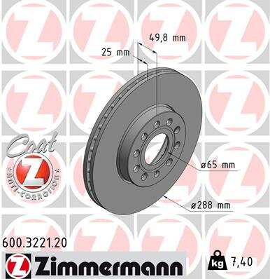 Тормозной диск ZIMMERMANN 600 3221 20 вентилируемый передний мост