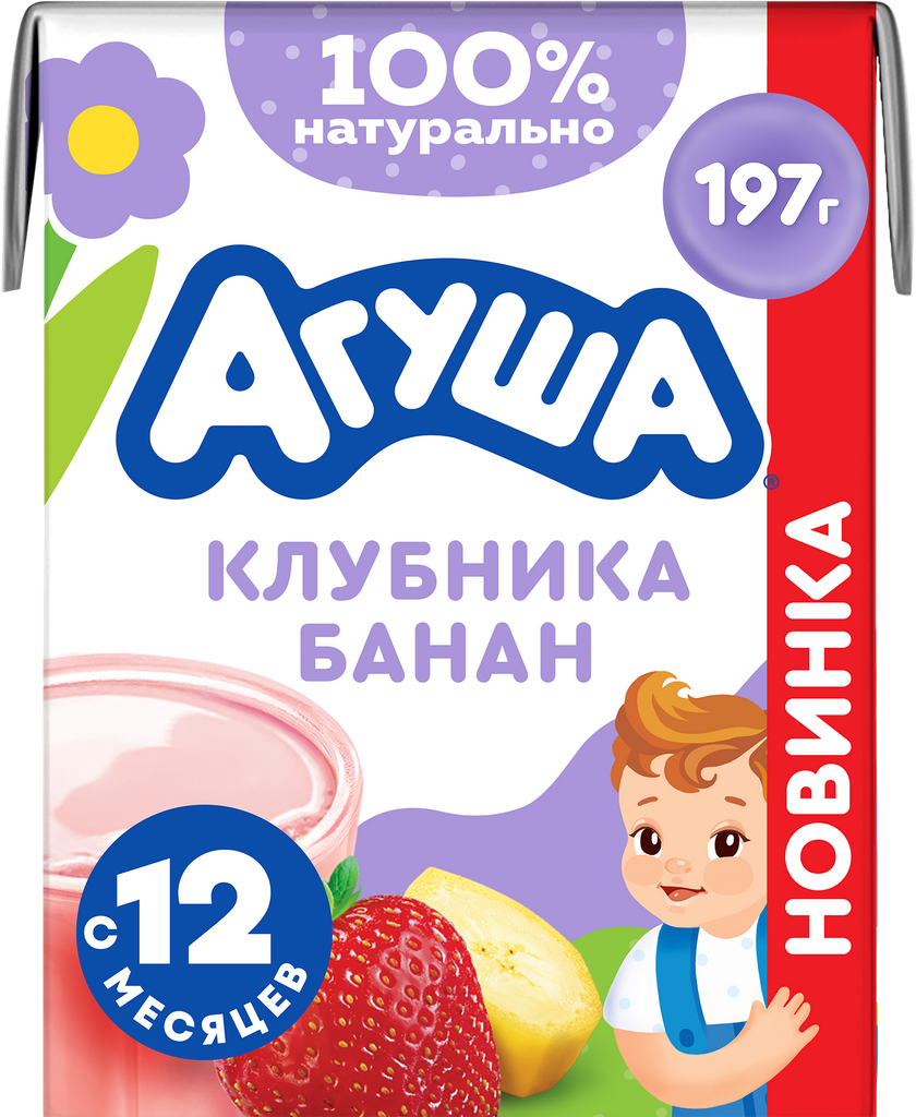 Молочный коктейль агуша Банан, клубника 2%, без змж, 190мл