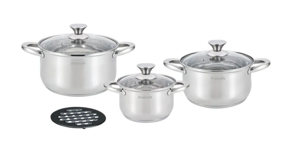 фото Fusion KWK42362, Набор посуды из 7 предметов: кастрюля 1,7 л; 3,2 л; 5,7 л, стеклянные крышки, подставка под горячее, высококачественная нержавеющая сталь, термораспределительное дно