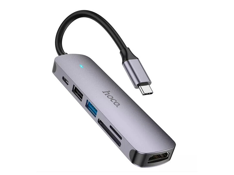 HOCO HB28/ Хаб 6 в 1/ USB 2.0 1 USB 3.0 Type-C Card Reader SD Micro SD HDMI серый металл оригинал.