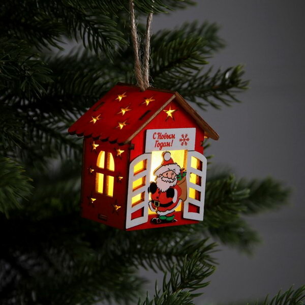 Ёлочная игрушка «Дом с Дедом Морозом» от батареек свечение тёплое белое (комплект из 6 шт)