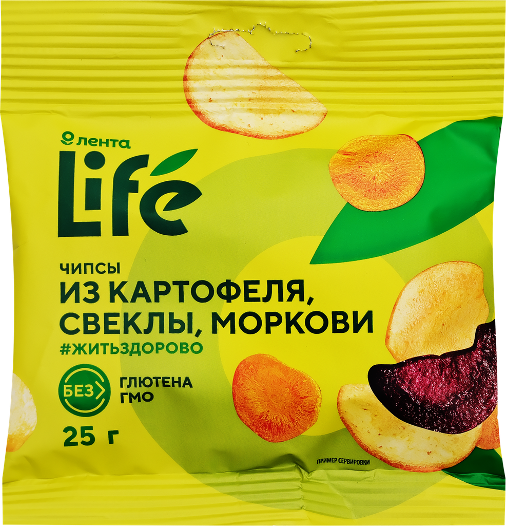 Чипсы овощные хрустящие лента LIFE Картофель, свекла и морковь, 25г