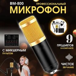 Микрофон BM-800 профессиональный с звуковой картой V8 (микшерным пультом), конденсаторный студийный микрофон для стриминга, игровой для компьютера, универсальный для дома, офиса и студии