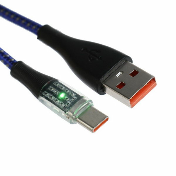 Кабель 3 А Type-C - USB прозрачный оплётка нейлон 1 м синий