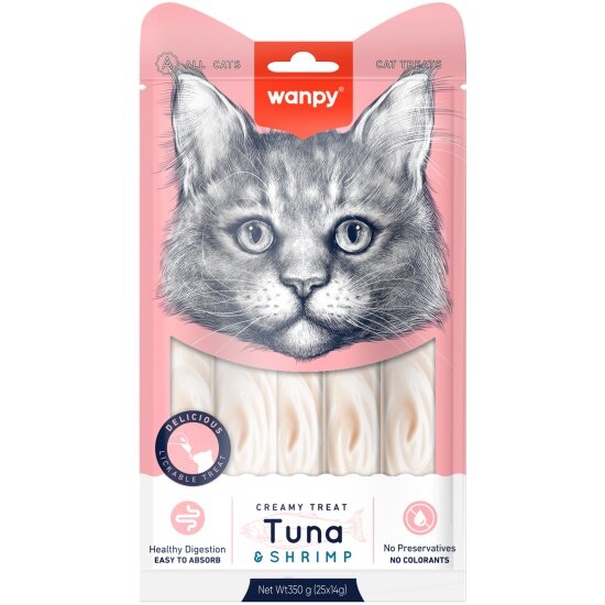 Лакомство для кошек Wanpy Cat "нежное пюре" из тунца и креветками 25шт х14 г