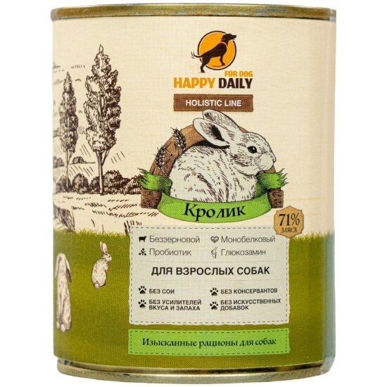 Корм влажный Happy Daily Holistic line для взрослых собак с кроликом, 340 гр