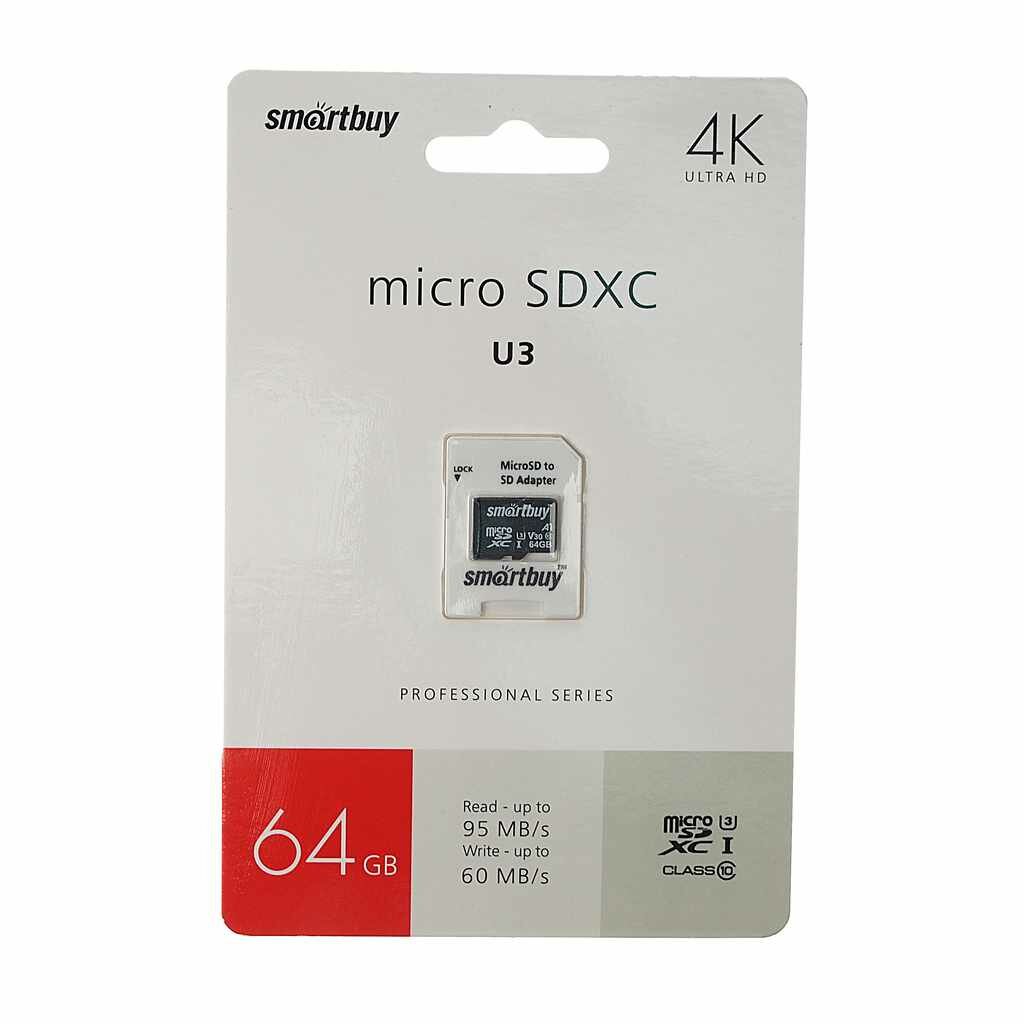 Карта памяти 64GB MicroSD class 10 + SD адаптер, SB64GBSDCL10U3L-01, SMART BUY