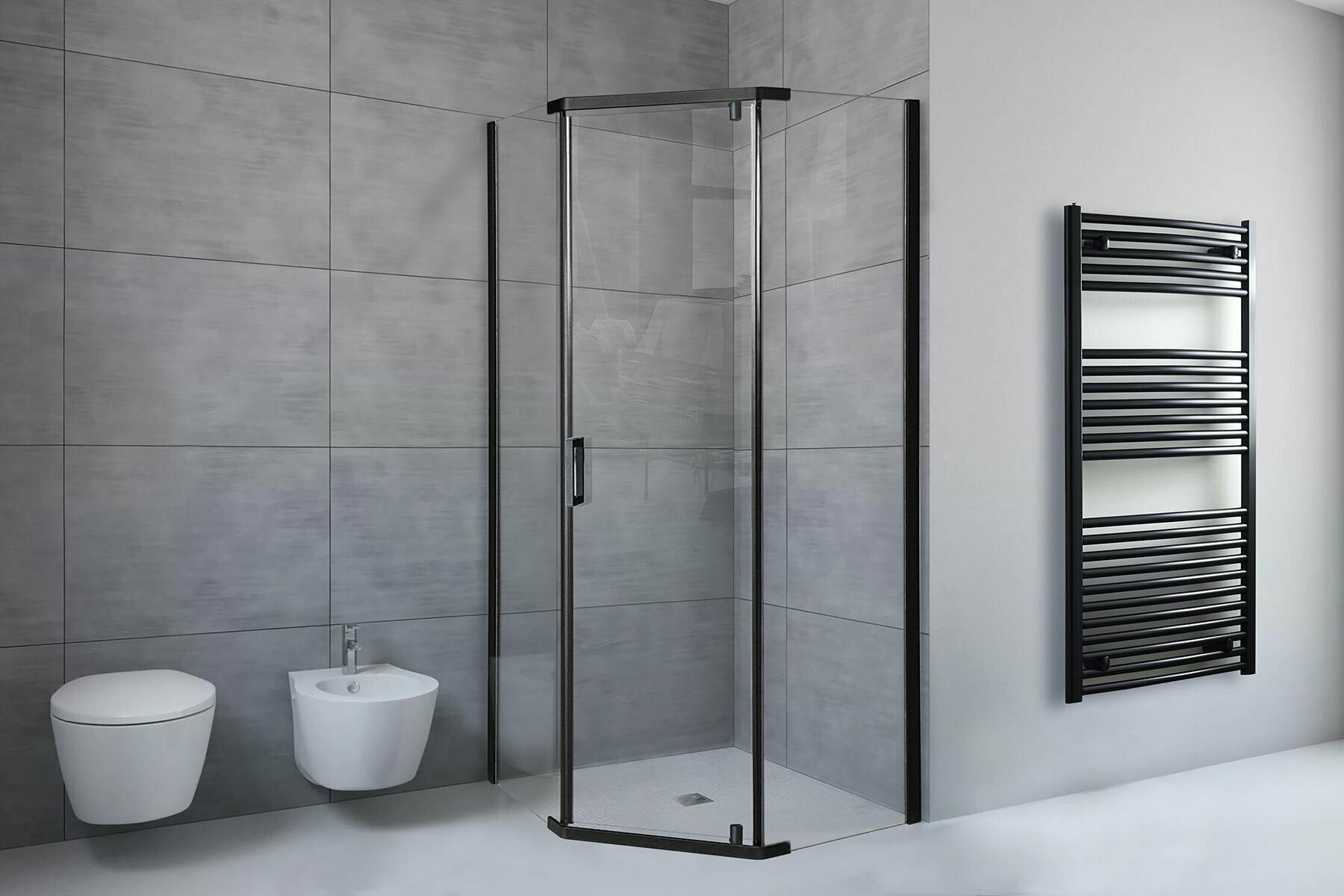 фото Душевой уголок Royal Bath стекло прозрачное профиль черный 6мм трапеция 80х90х185