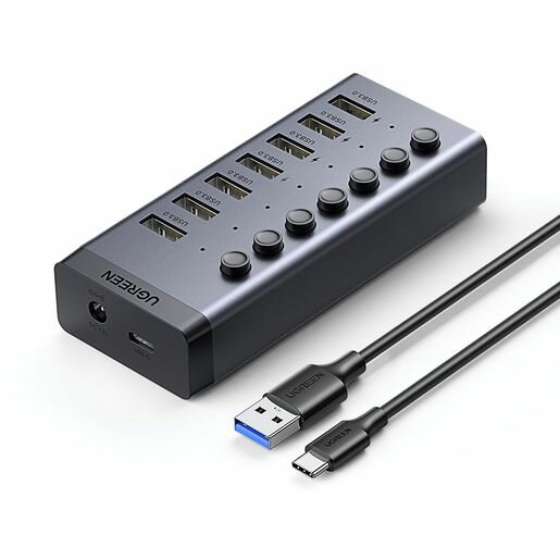 Хаб UGREEN CM481 (90307) USB-C to 7-Port USB-A 3.0 Hub DC 12V EU. Цвет: черный