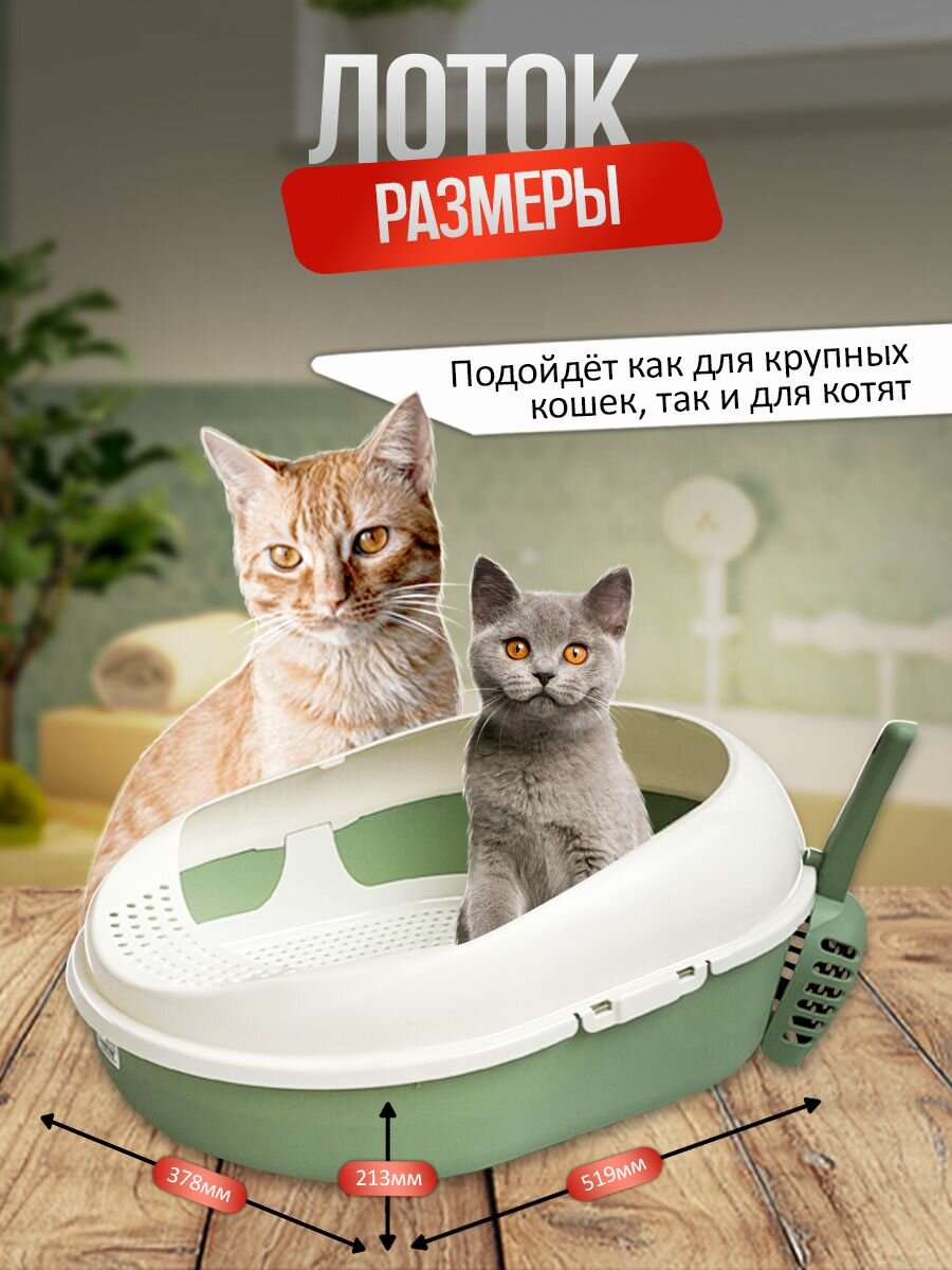 Кошачий лоток с высоким бортом и решёткой (+ лопатка) зелёный - фотография № 3
