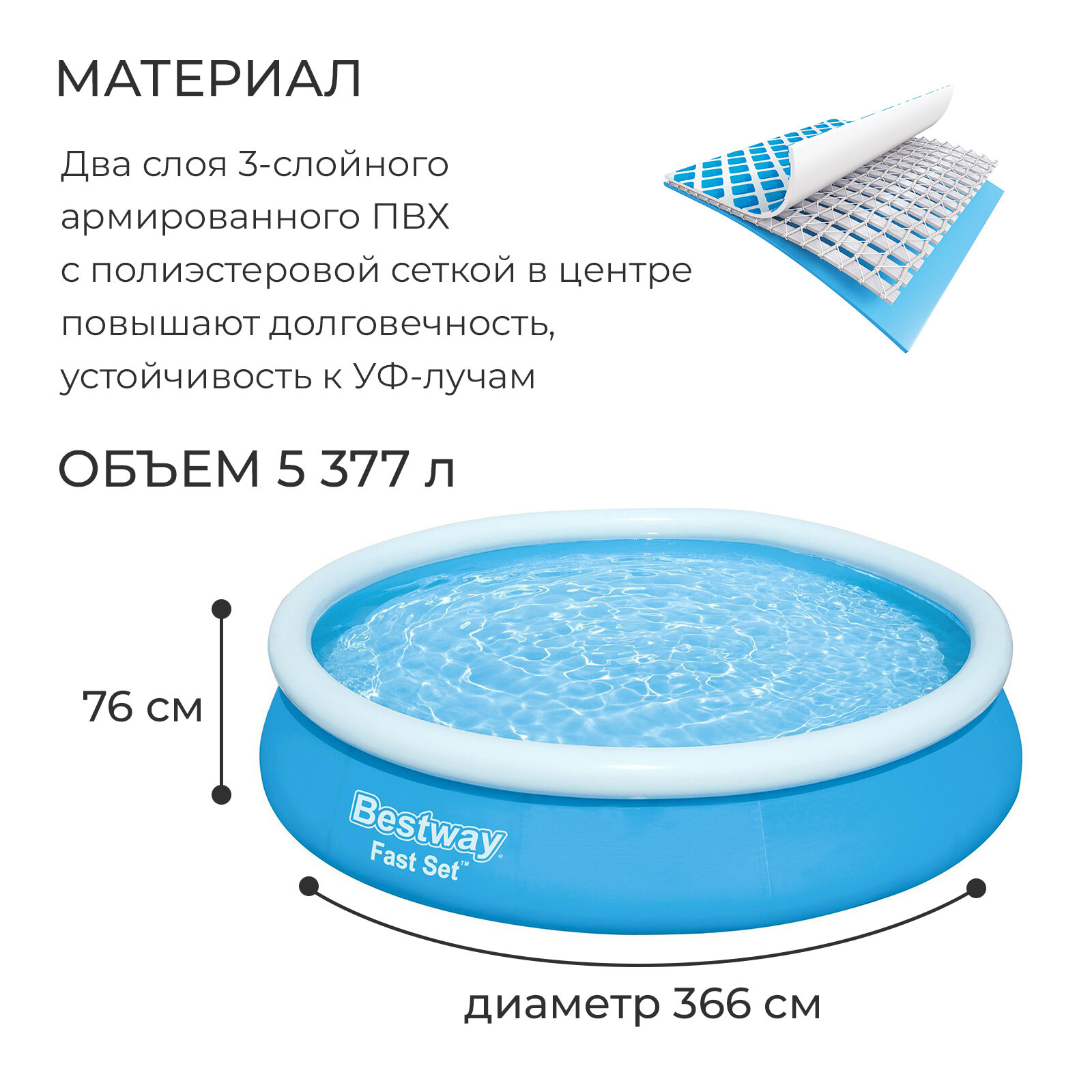 Бассейн надувной Fast Set, 366 х 76 см, фильтр-насос, от 6 лет, 57274 - фотография № 2