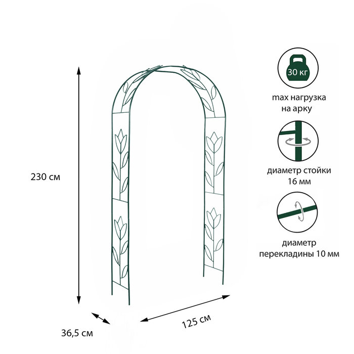 Арка садовая разборная 230 × 125 × 36.5 см металл зелёная «Тюльпан»