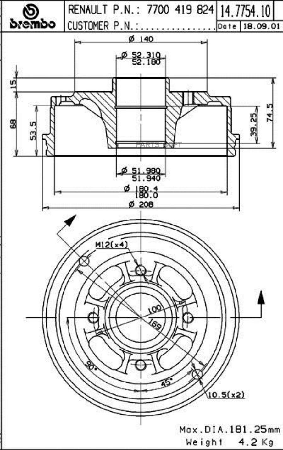 BREMBO 14.7754.10 Барабан тормозной