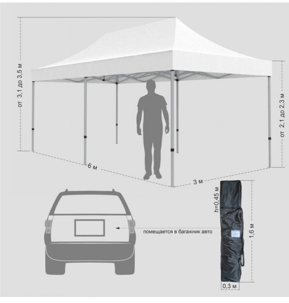 Быстровозводимый белый шатёр-трансформер 3×6 метра - фотография № 3