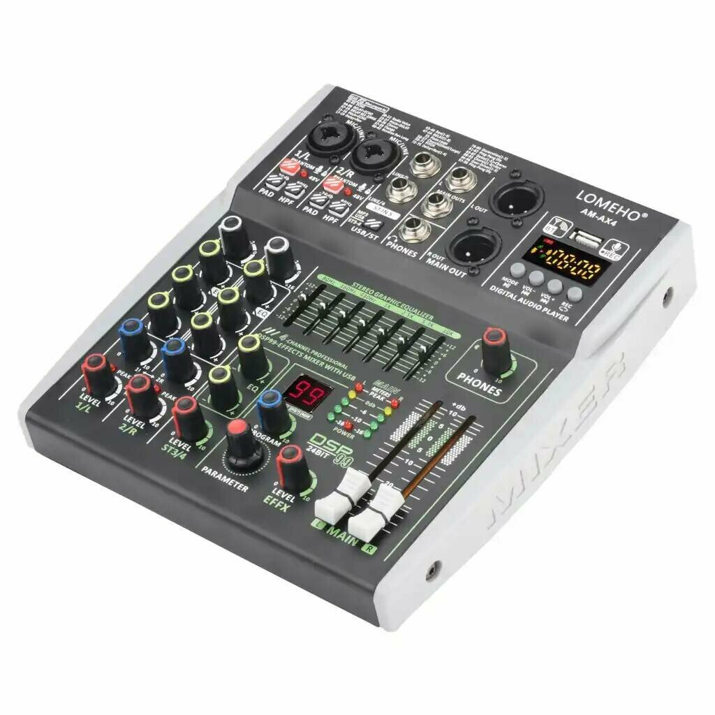 Беспроводной EQ звуковой микшер LOMEHO AM-AX4  2-моно/2-стерео канальный микшер DJ-консоль с USB Bluetooth