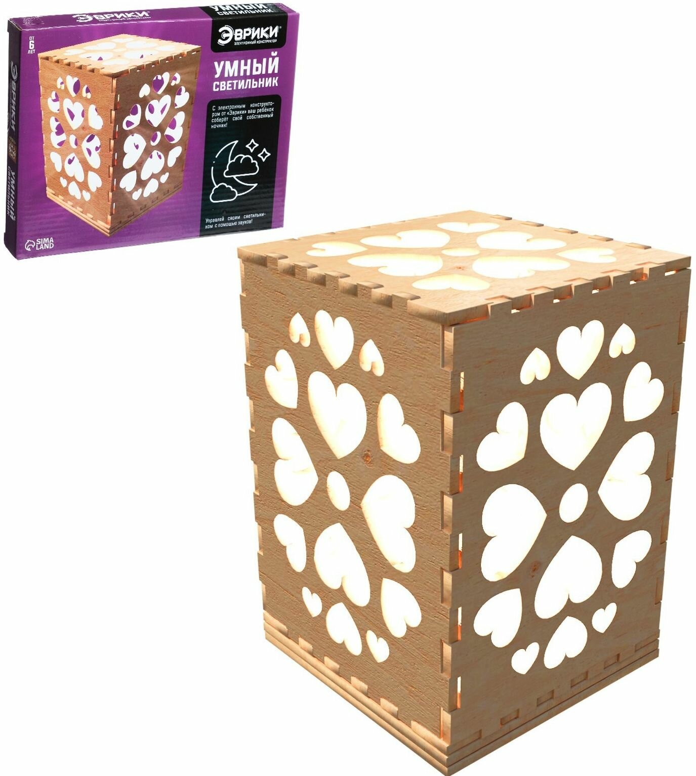 фото Конструктор электронный "Умный светильник" для детей, работает от батареек, набор детский с деревянными деталями и инструкцией, сделай сам, модель для сборки, 15 элементов