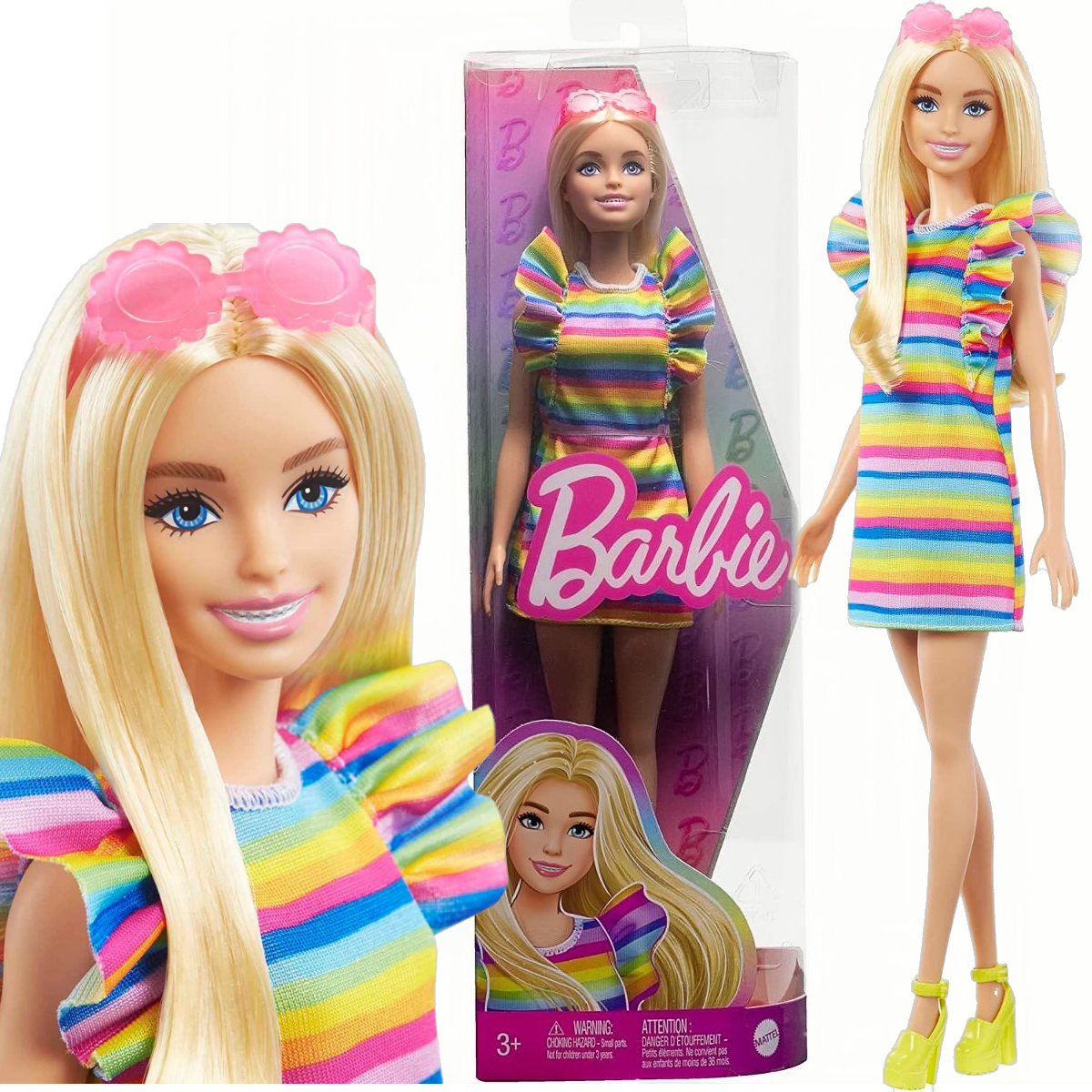Кукла Барби серия Barbie Fashionistas Модница, с брекетами и радужным платьем