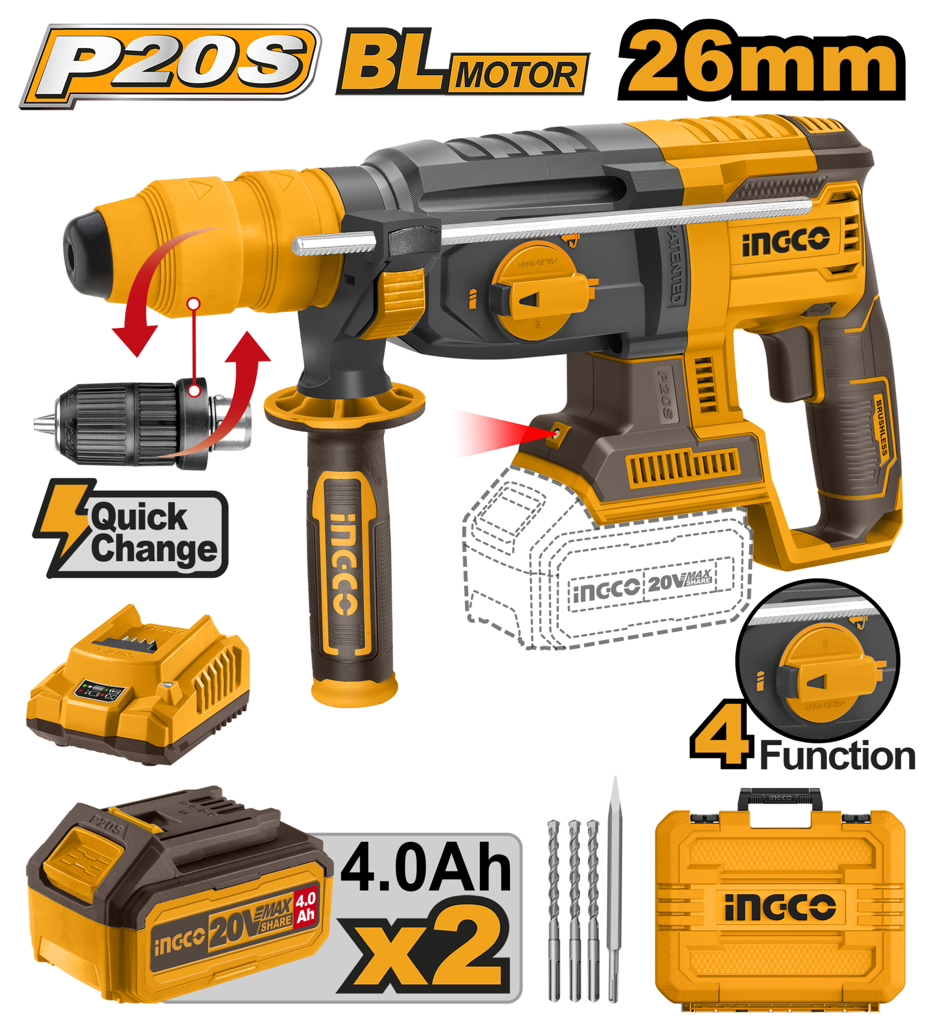 Аккумуляторный бесщеточный перфоратор SDS-Plus INGCO CRHLI202289 INDUSTRIAL 20 В 2 Дж 2x4 Ач