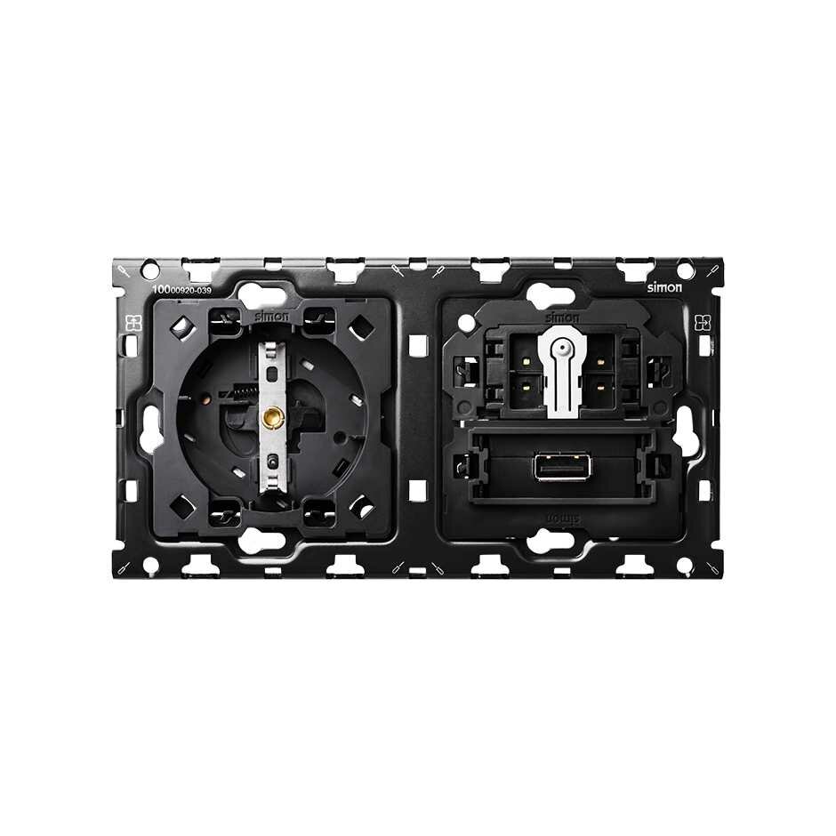 фото Simon 100 Кит 2 поста механизм 1 розетка Schuko + 1 з/у USB SC 2.1A + 1 переключатель (проходной) + суппорт 10010206-039