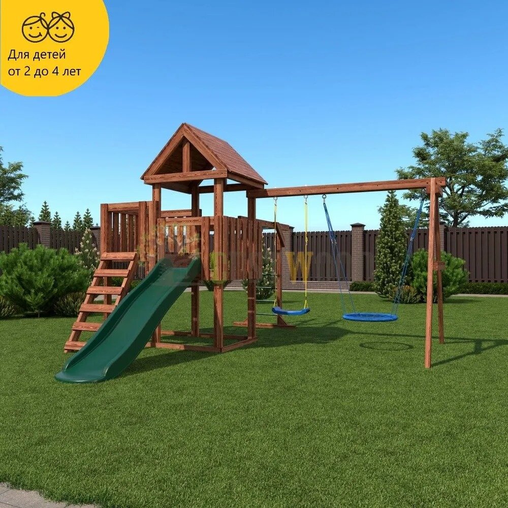 Детская деревянная игровая площадка для улицы дачи CustWood Junior Color JC5 с деревянной крышей