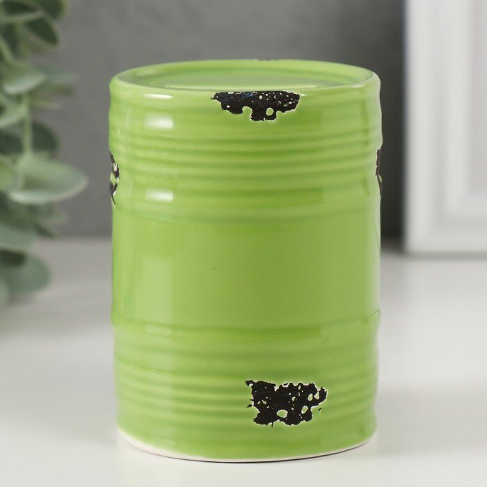 фото Копилка керамика "Зелёная бочка" 6,5х6,5х9 см